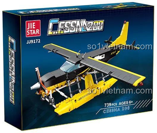 Hình ảnh hộp của đồ chơi mô hình Thủy phi cơ Cessna 208 JIESTAR JJ9172, thể hiện rõ 739 chi tiết và thiết kế máy bay mạnh mẽ, phù hợp làm quà cho con trai.