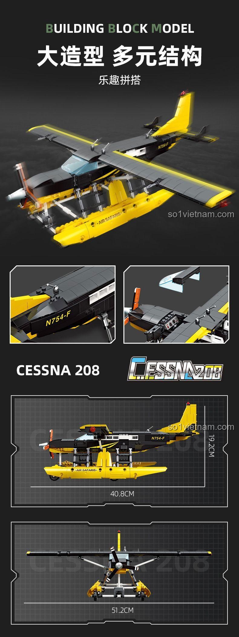 Bản vẽ kỹ thuật thể hiện thông số kích thước chi tiết của đồ chơi mô hình Máy bay Cessna 208 JJ9172, chiều dài 40.8cm và sải cánh 51.2cm.