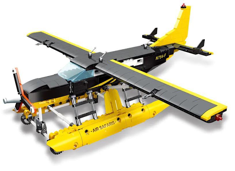 Ảnh chụp chính diện bộ lắp ghép Máy bay Cessna 208 mã JIESTAR JJ9172, một món đồ chơi mô hình thủy phi cơ màu đen vàng ấn tượng cho bé trai 6 tuổi, giá rẻ.
