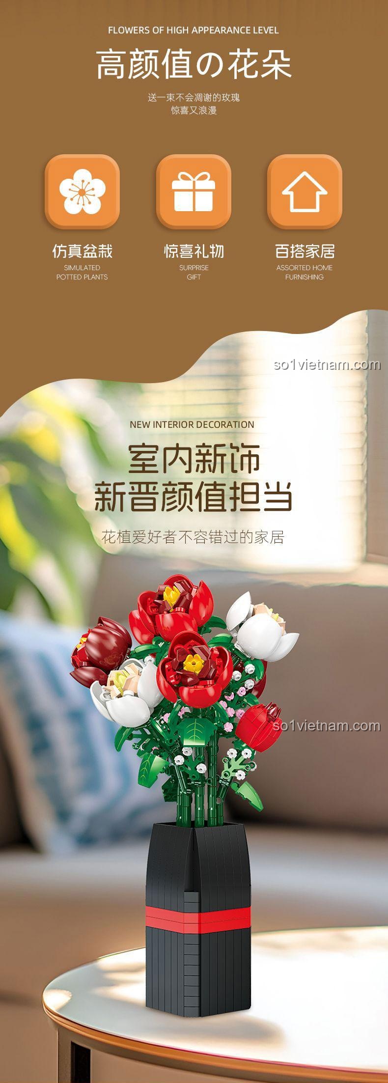 Bó hoa hồng lắp ghép JIESTAR JJ9212 trong bình đen