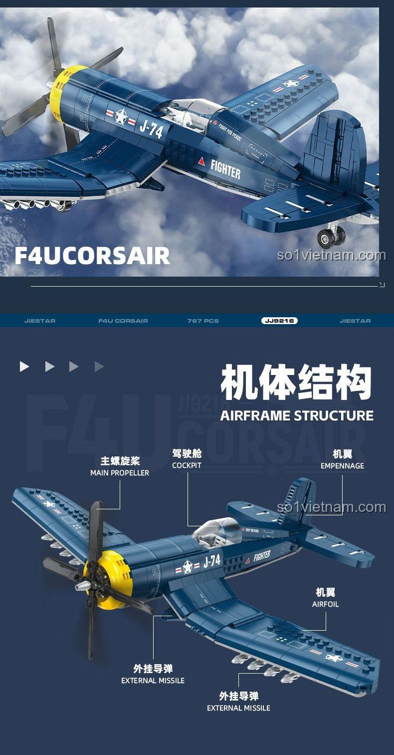 Sơ đồ cấu trúc thân máy bay của bộ lắp ghép Chiến đấu cơ F4U Corsair JIESTAR. Thể hiện rõ các bộ phận chính như cánh quạt, buồng lái, cánh chính, cánh đuôi và tên lửa.