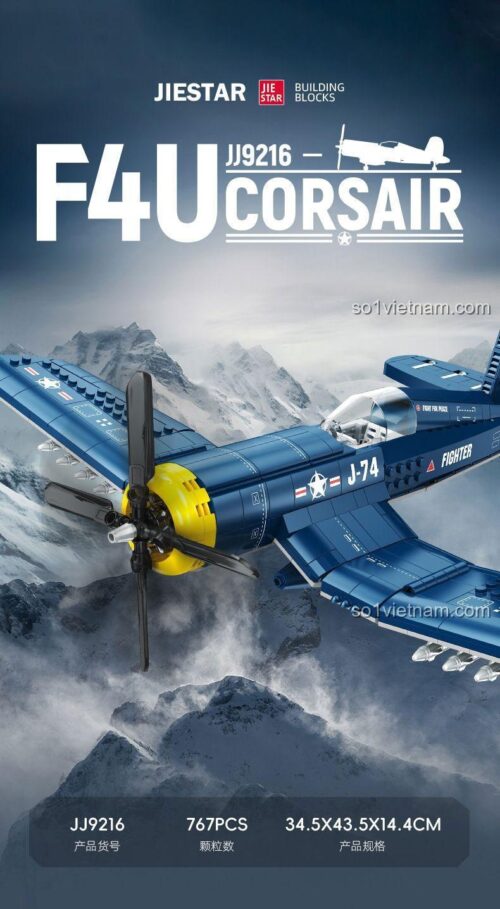 Hộp sản phẩm của bộ đồ chơi mô hình JIESTAR JJ9216, in hình Máy bay chiến đấu F4U Corsair. Hộp màu đen mạnh mẽ, ghi rõ số hiệu JJ9216, 767 chi tiết và độ tuổi 14+.