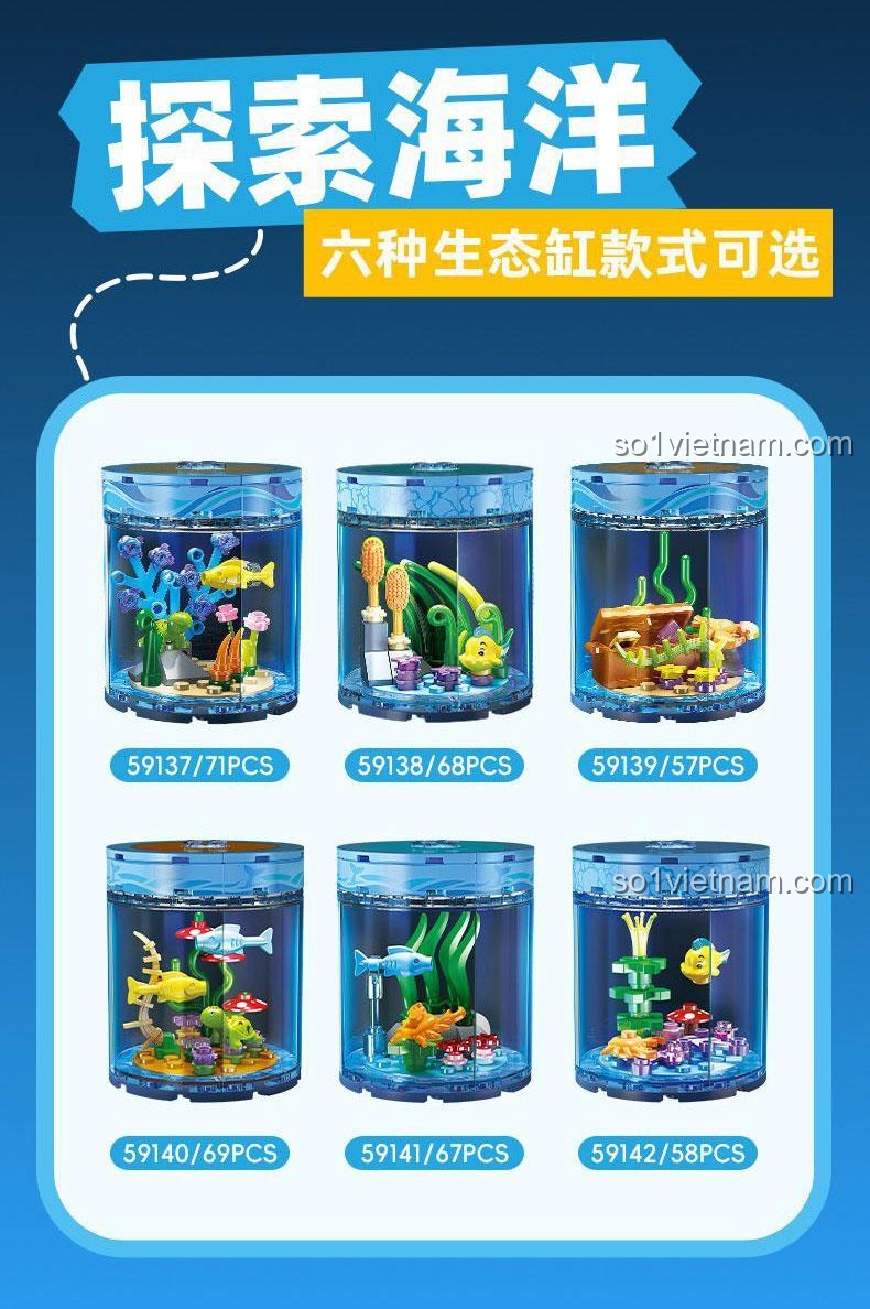 Các mẫu bể cá mini trong series Seaworld của JIESTAR, bao gồm mẫu 59141 với cá xanh và tôm hùm cam.