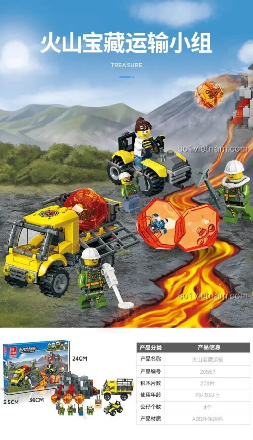 Mô hình xe tải, xe địa hình, núi lửa và các nhân vật của bộ đồ chơi JIESTAR 20557