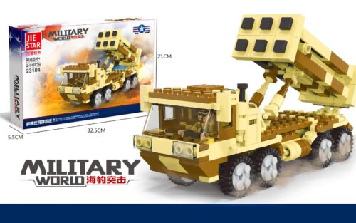 Bộ lắp ghép xe tên lửa phòng không THAAD JIESTAR 23104 cho bé trai 6 tuổi, mô hình quân sự với 244 chi tiết, màu vàng nâu xám, có minifigures