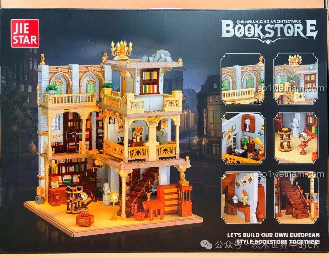 Cận cảnh hộp sản phẩm JIESTAR 57015 Thư viện Châu Âu, cho thấy các góc nhìn khác nhau của mô hình và các chi tiết nhỏ.