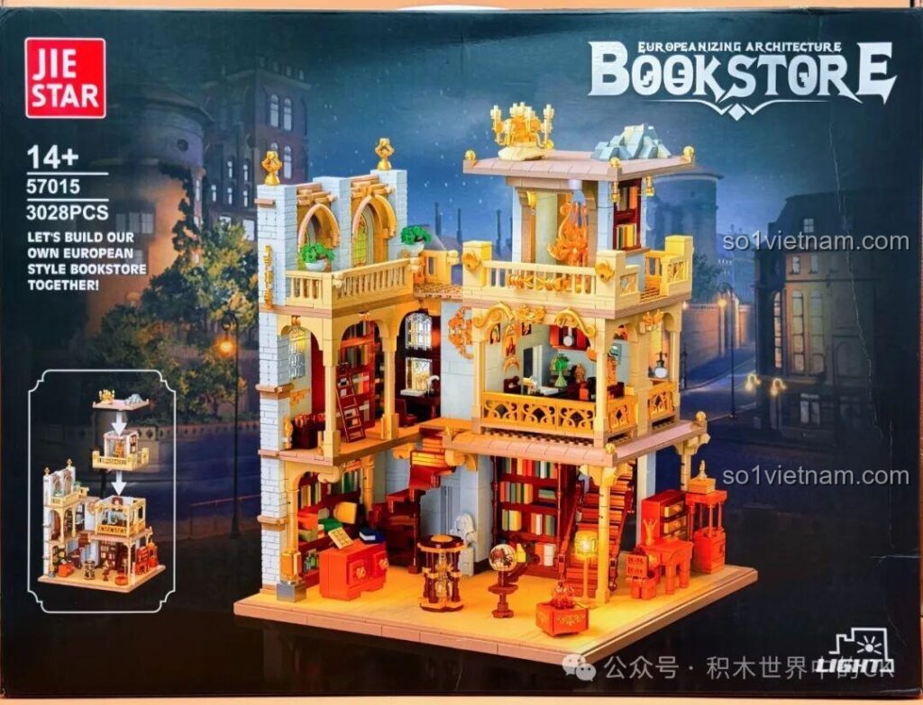 Hộp sản phẩm JIESTAR 57015 Thư viện Châu Âu với hình ảnh mô hình hoàn thiện và thông tin chi tiết về số mảnh ghép và độ tuổi.