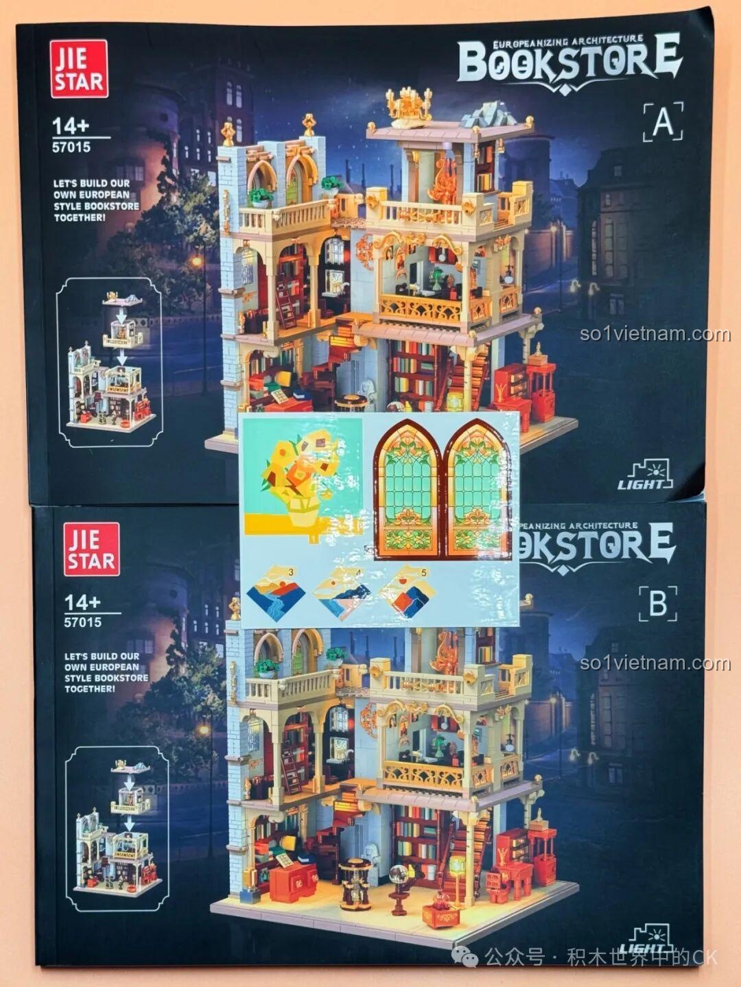 Hộp sản phẩm JIESTAR 57015 Thư viện Châu Âu cùng với các tờ sticker đi kèm.