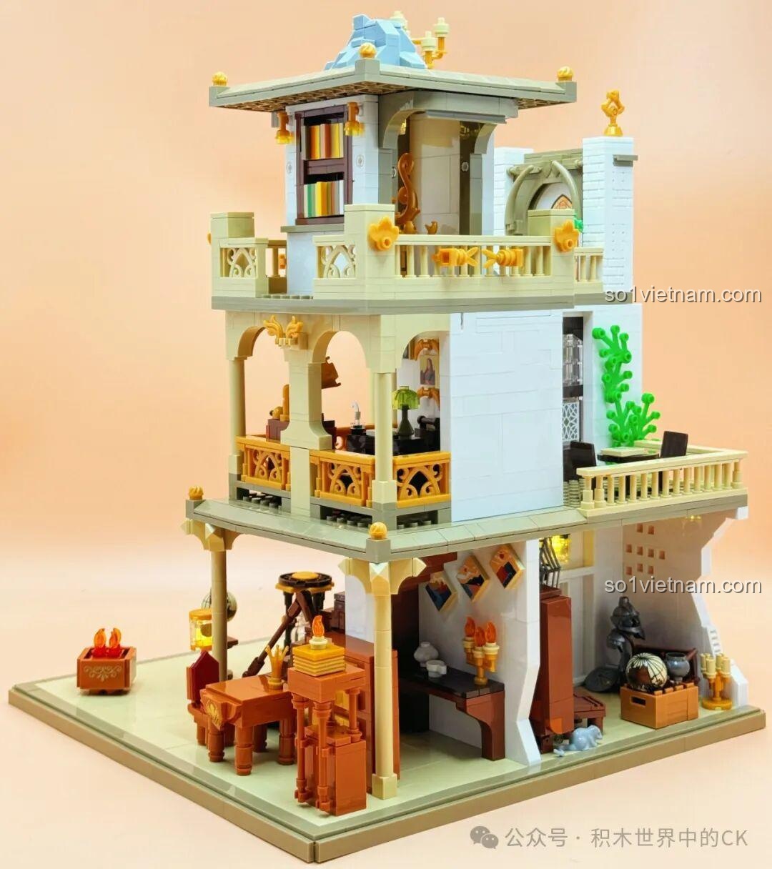 Các chi tiết trang trí như cây xanh, tranh ảnh được lắp ráp cho mô hình Thư viện Châu Âu JIESTAR 57015.