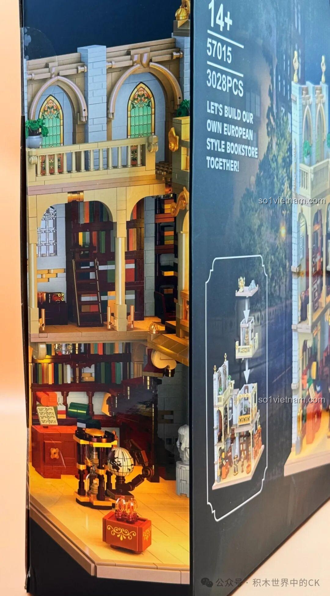 Cận cảnh một phần của mô hình Thư viện Châu Âu JIESTAR 57015 được trưng bày trên hộp, với các chi tiết nội thất.