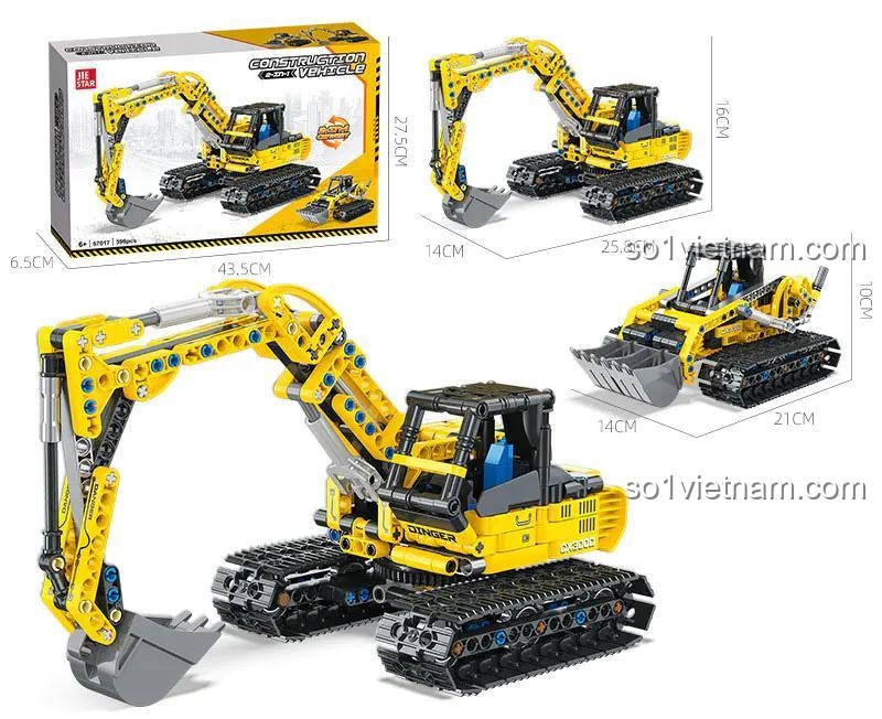 Kích thước hộp và mô hình JIESTAR 57017 Máy xúc 2 trong 1 399 chi tiết Tương thích LEGO® Technic cho bé trai 6 tuổi