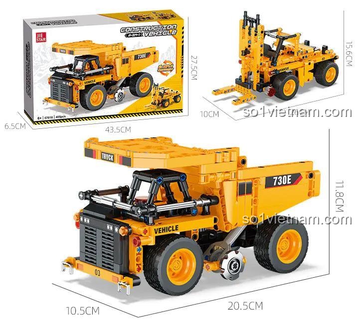 Kích thước hộp và mô hình JIESTAR 57018 Xe tải mỏ và Xe nâng, bộ đồ chơi xây dựng cho bé trai 6 tuổi