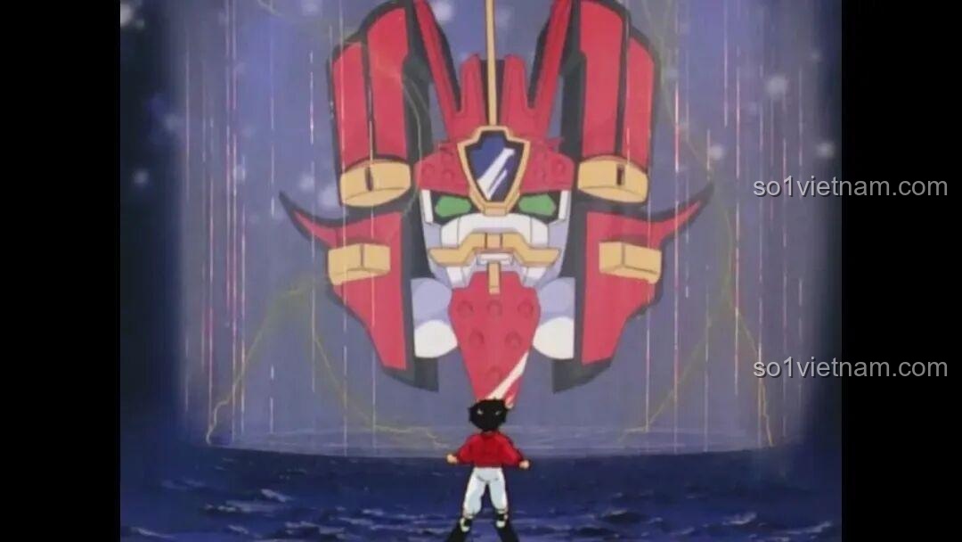 Cậu bé đứng dưới robot khổng lồ trong cảnh phim anime