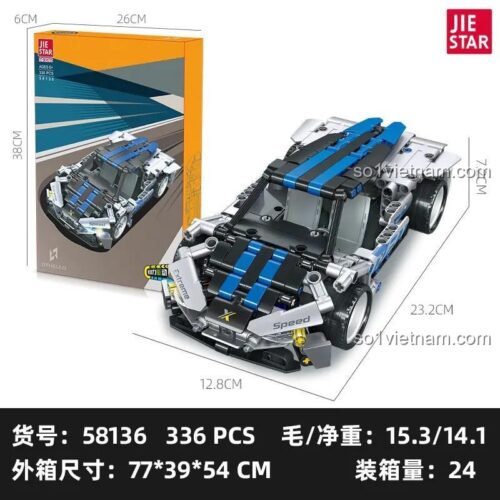 Hộp sản phẩm JIESTAR 58136 và mô hình xe đua Othello, kích thước hộp 38x26x6cm, mô hình 23.2x12.8x7.2cm