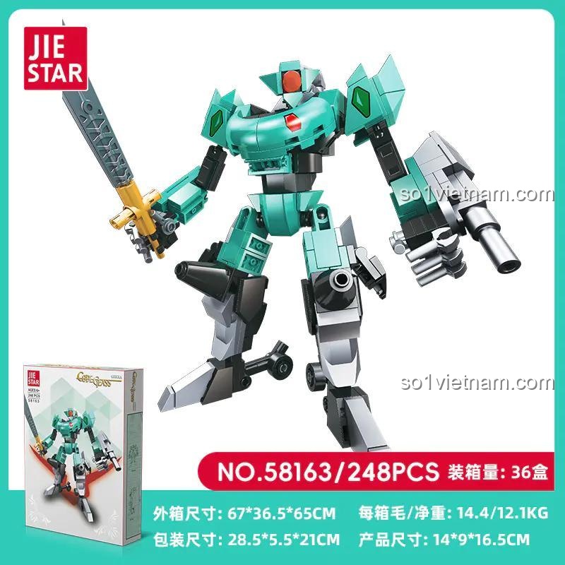 Hộp sản phẩm Robot L.L. JIESTAR 58163, bộ lắp ghép 248 mảnh, kích thước hộp 28.5x5.5x21cm, đồ chơi cho bé trai 6 tuổi