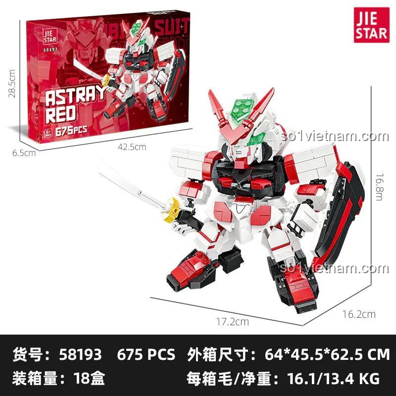 Kích thước mô hình Gundam Astray Red JIESTAR 58193: dài 17.2cm, rộng 16.2cm, cao 16.8cm, bộ lắp ghép robot chiến đấu
