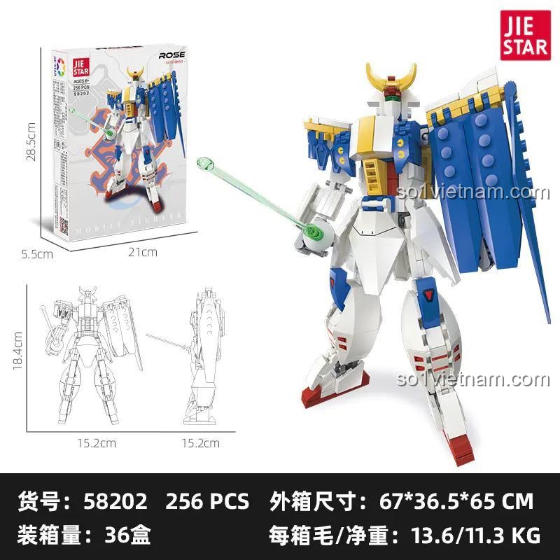 Hộp sản phẩm Robot Mecha GF13-009NF JIESTAR 58202 - Bộ lắp ghép Robot chiến đấu, 256 mảnh, kích thước hộp 21x28.5x5.5cm, trọng lượng 0.809kg