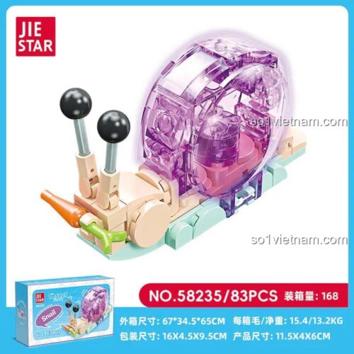 Hộp sản phẩm JIESTAR 58235 mô hình ốc sên vui vẻ, có hình ảnh ốc sên lắp ráp và thông tin sản phẩm
