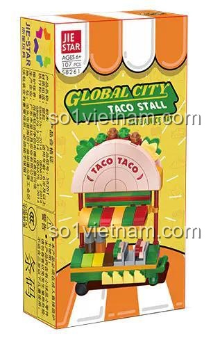 Hộp sản phẩm xe bán đồ ăn Mexico JIESTAR 58261, bộ lắp ghép xe bán đồ ăn Mexico, đồ chơi lắp ghép xe bán đồ ăn Mexico, xe bán taco, xe bán đồ ăn nhanh Mexico, đồ chơi sáng tạo cho bé 6 tuổi