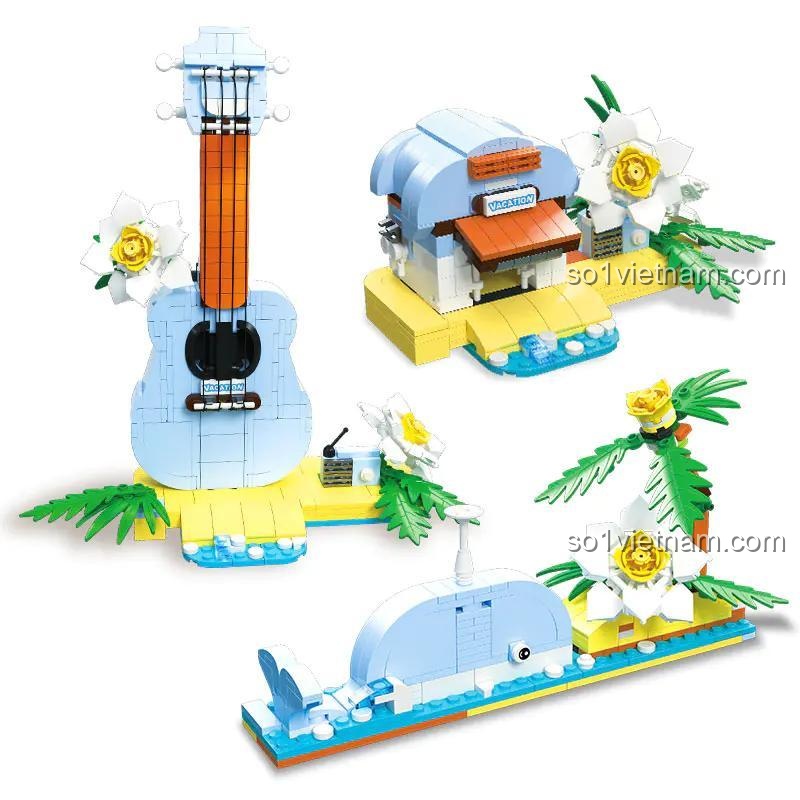 Bộ lắp ghép JIESTAR 58272 hiển thị 3 mô hình Ukulele, Cá Voi, Biệt Thự Biển Nhiệt Đới, đồ chơi 3 trong 1 cho bé 6+ tuổi