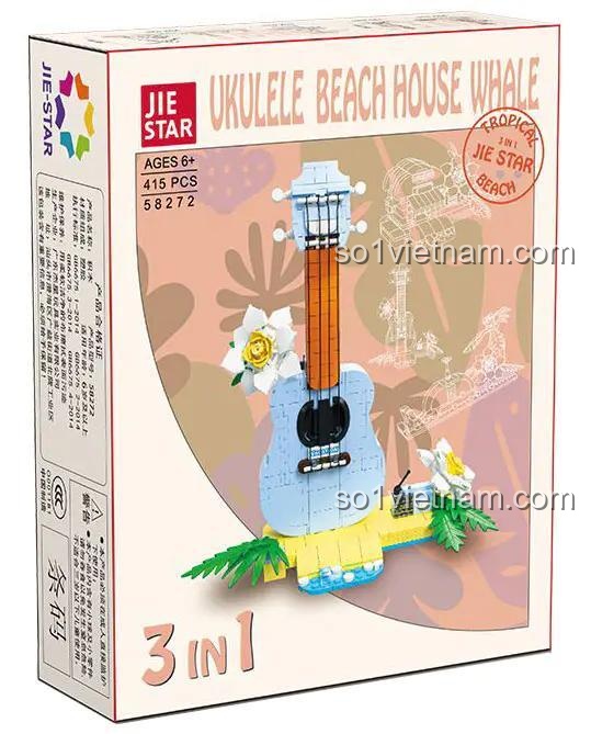 Hộp sản phẩm bộ lắp ghép JIESTAR 58272 Ukulele, Cá Voi, Biệt Thự Biển Nhiệt Đới 3 trong 1, đồ chơi sáng tạo cho bé 6+ tuổi