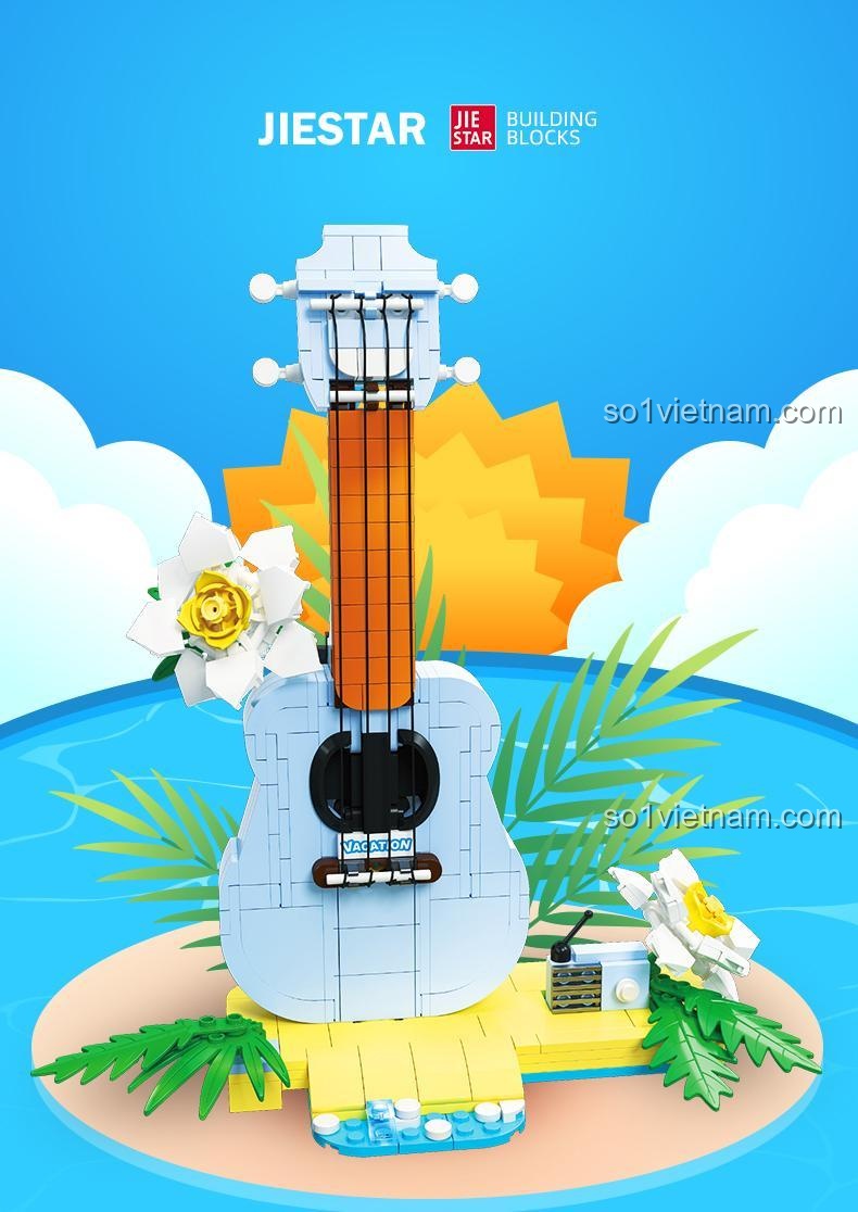 Chi tiết mô hình Ukulele từ bộ lắp ghép JIESTAR 58272, đồ chơi sáng tạo cho bé 6+ tuổi, có chi tiết hoa nhiệt đới