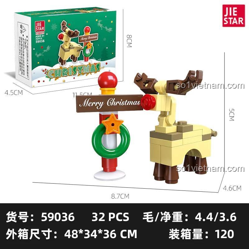 Hộp sản phẩm JIESTAR 59036 Bộ lắp ghép Giáng Sinh Merry Christmas và mô hình Tuần lộc Giáng Sinh, kích thước hộp 11.5x8x4.5 cm, 32 chi tiết, đồ chơi sáng tạo cho bé 6 tuổi