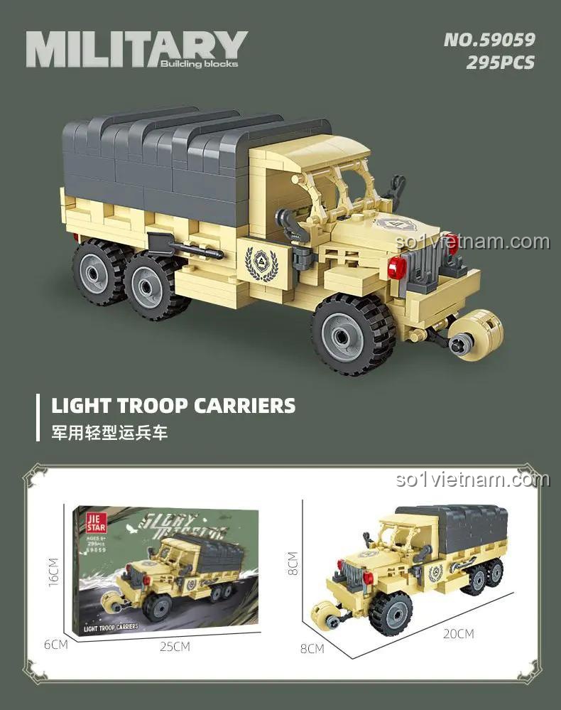 Kích thước hộp và mô hình Xe Chở Quân Nhẹ JIESTAR 59059