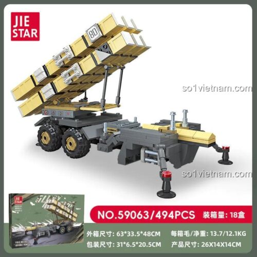 Hộp sản phẩm Xe Tên Lửa Phòng Thủ Chiến Trường JIESTAR 59063, bộ lắp ghép quân sự, 494 mảnh, kích thước hộp 31x20.5x6.5cm, trọng lượng 0.75kg, độ tuổi 6+, phù hợp cho bé trai, chất lượng cao, giá tốt