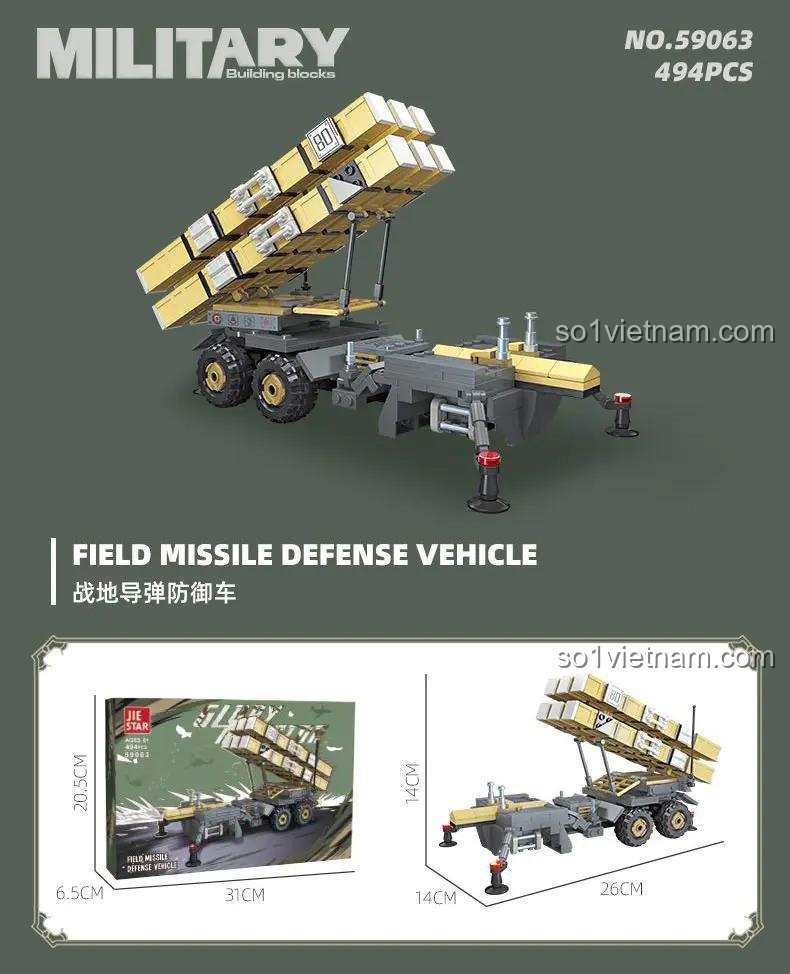Kích thước Xe Tên Lửa Phòng Thủ Chiến Trường JIESTAR 59063, mô hình quân sự, chiều dài 26cm, chiều rộng 14cm, chiều cao 14cm, 494 mảnh ghép, đồ chơi giáo dục cho bé trai