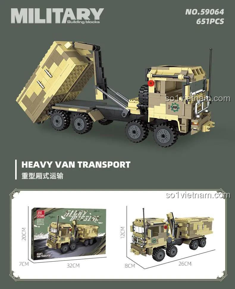 Kích thước hộp và mô hình JIESTAR 59064 Xe Vận Tải Nặng, Bộ Lắp Ghép Xe Tải Quân Sự Nặng, Đồ Chơi Xây Dựng Xe Chở Hàng Quân Sự Tầm Trung cho bé 6 tuổi