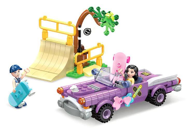 JIESTAR 59236 bộ đồ chơi Công viên trượt ván, mô hình xe và sân trượt ván cho bé gái 6 tuổi, 252 mảnh ghép, màu tím, vàng, xanh lá, trắng, xanh dương