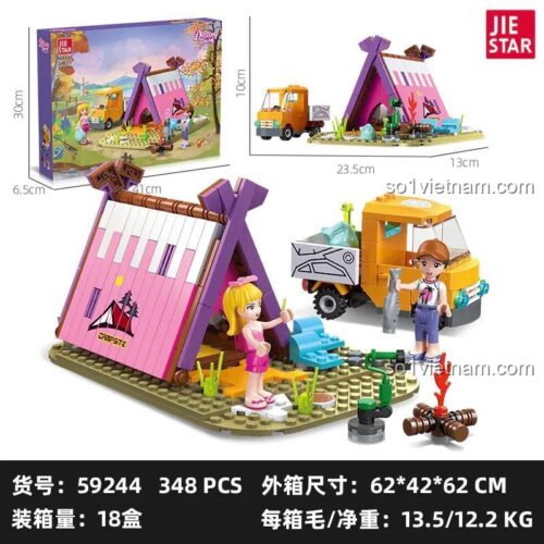 Chi tiết bộ lắp ghép JIESTAR 59244 Cô Gái Cắm Trại Ngoài Trời, mô hình lều trại màu hồng và xe tải màu vàng, 2 minifigures, 348 mảnh, độ tuổi 6+, cho bé gái, giá tốt, chất lượng cao