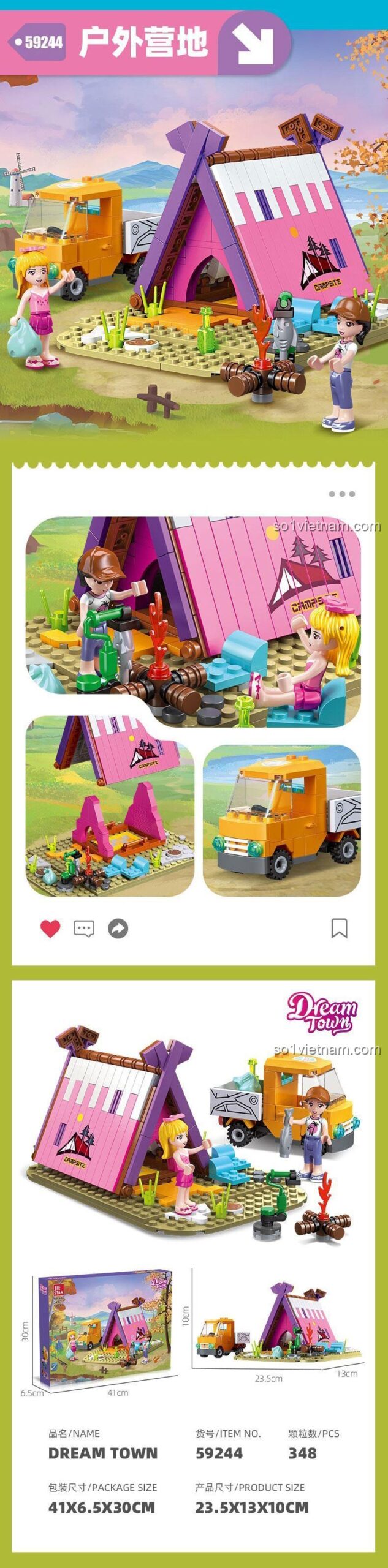 Hộp sản phẩm bộ lắp ghép JIESTAR 59244 Cô Gái Cắm Trại Ngoài Trời, kích thước 41x6.5x30cm, 348 mảnh, độ tuổi 6+, cho bé gái, giá tốt, chất lượng cao