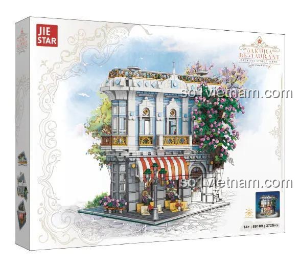 Hộp sản phẩm Nhà hàng Hoa Anh Đào JIESTAR 89109, bộ lắp ghép kiến trúc, đồ chơi giáo dục cho trẻ em
