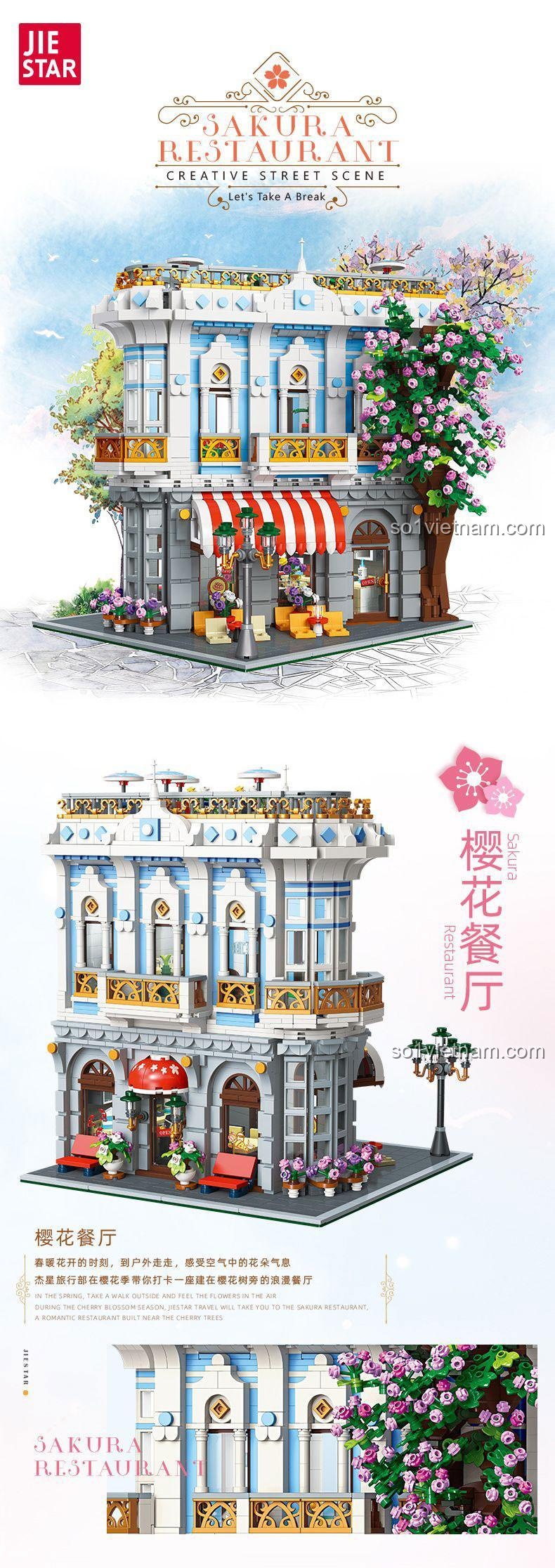 Mô hình Nhà hàng Hoa Anh Đào JIESTAR 89109, bộ đồ chơi kiến trúc, đồ chơi giáo dục STEM