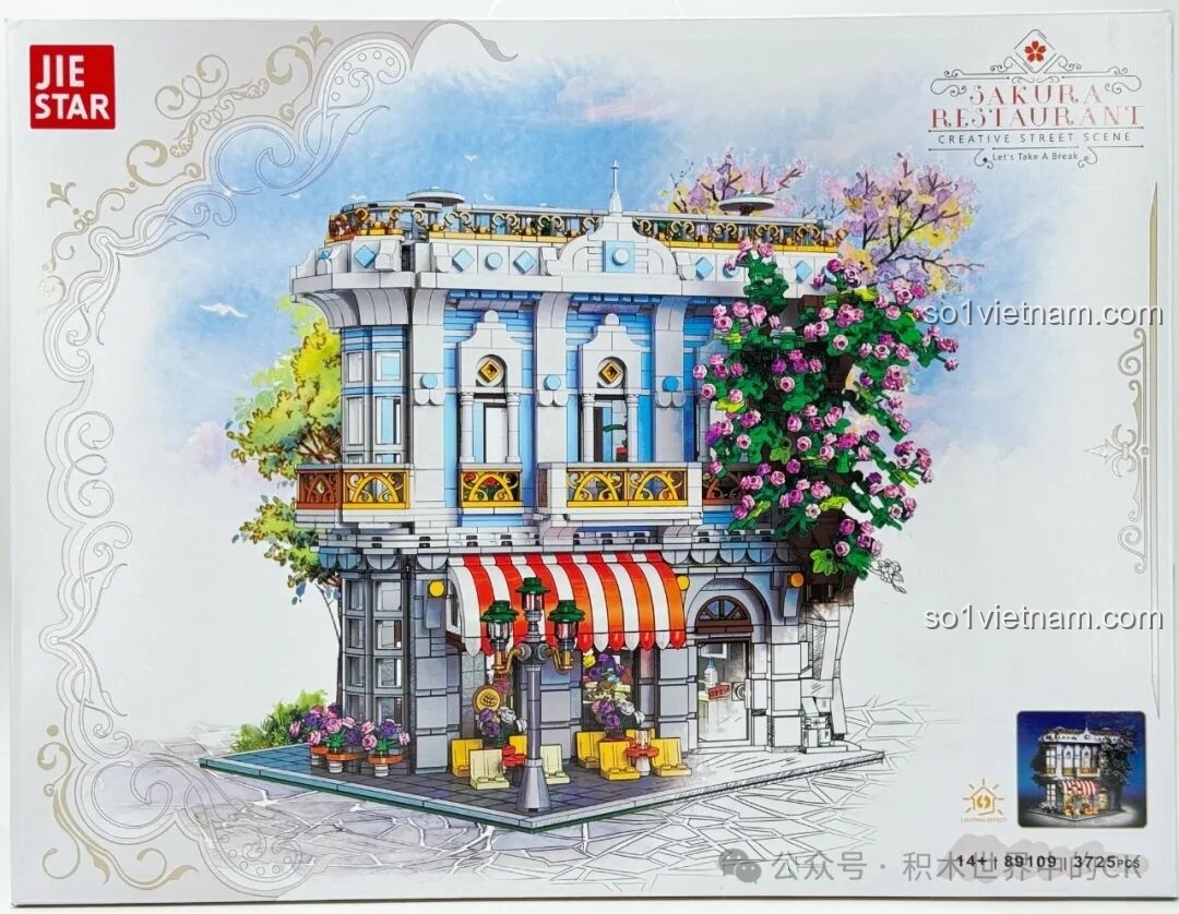 Chi tiết mặt trước hộp JIESTAR 89109 Nhà hàng Hoa Anh Đào, thể hiện các góc nhìn của mô hình