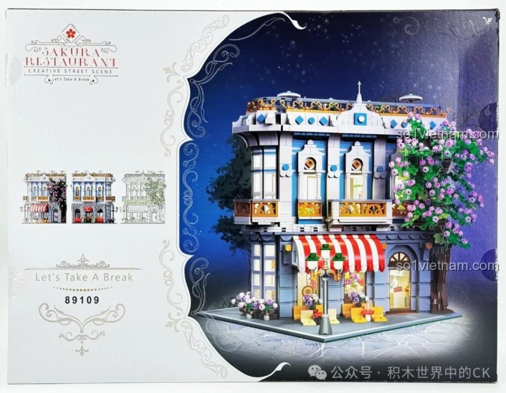 Mặt trước hộp bộ xếp hình JIESTAR 89109 Nhà hàng Hoa Anh Đào với hình ảnh mô hình lung linh