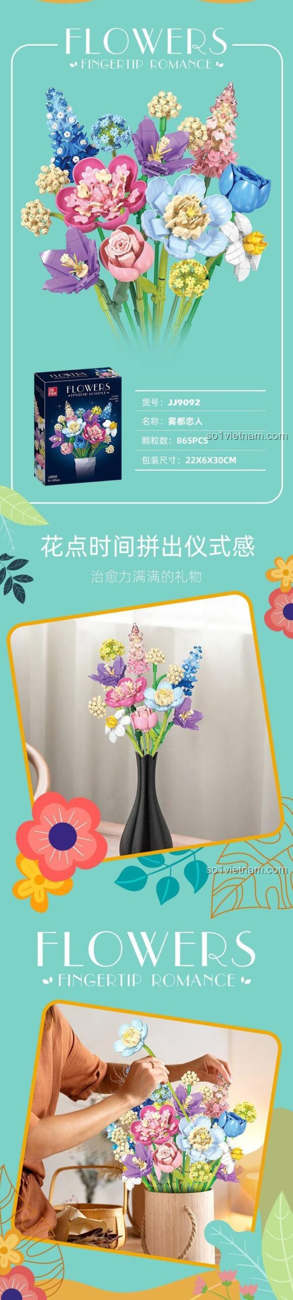 Các loại hoa trong bộ lắp ghép Bó hoa lãng mạn JIESTAR JJ9092 865 mảnh, hoa giả trang trí nhà cửa, quà tặng ý nghĩa cho bé gái 6 tuổi