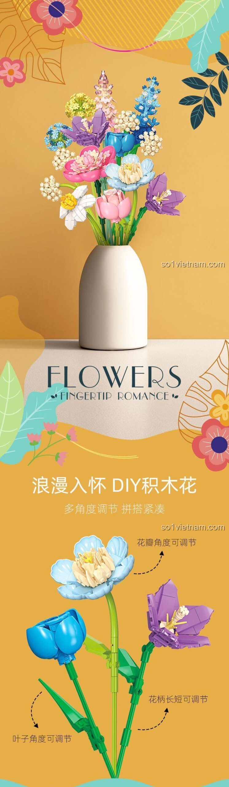 Chi tiết các loại hoa trong bộ lắp ghép Bó hoa lãng mạn JIESTAR JJ9092 865 mảnh, hoa giả trang trí nhà cửa, quà tặng ý nghĩa cho bé gái 6 tuổi