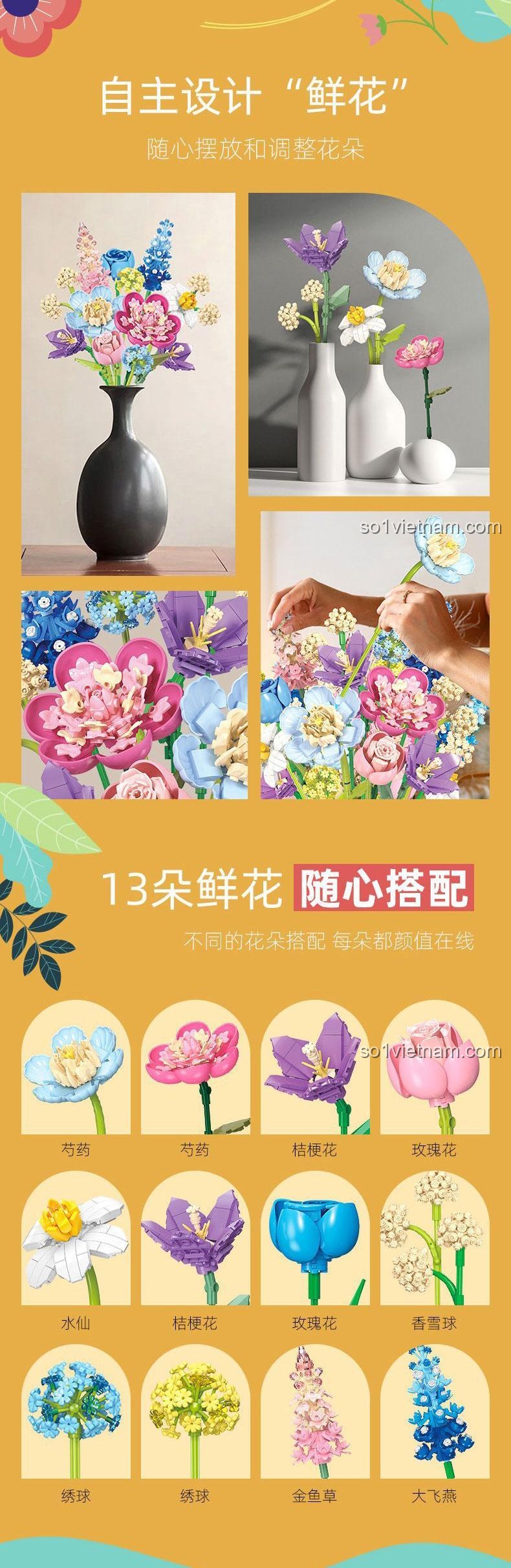 Sáng tạo bó hoa lãng mạn JIESTAR JJ9092 bộ lắp ghép 865 mảnh, hoa giả trang trí nhà cửa, quà tặng ý nghĩa cho bé gái 6 tuổi