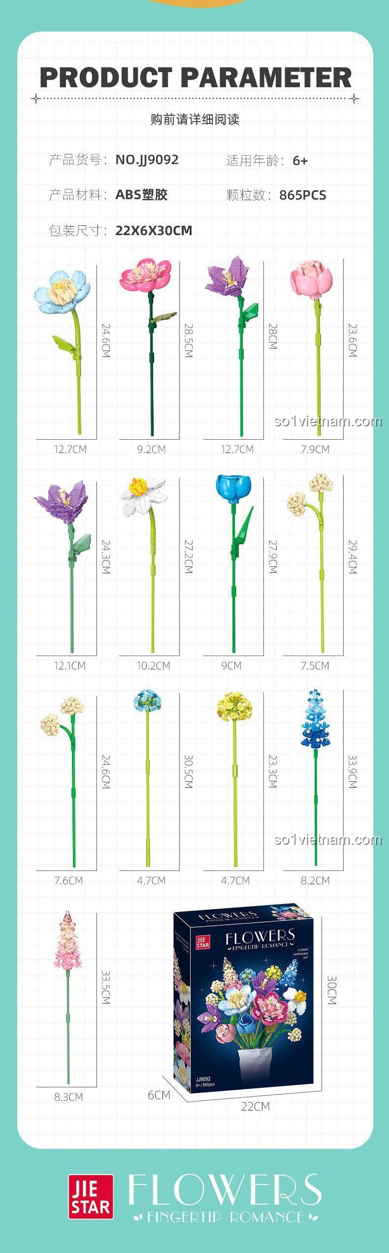 Kích thước hộp sản phẩm Bó hoa lãng mạn JIESTAR JJ9092 bộ lắp ghép 865 mảnh, hoa giả trang trí nhà cửa, quà tặng ý nghĩa cho bé gái 6 tuổi