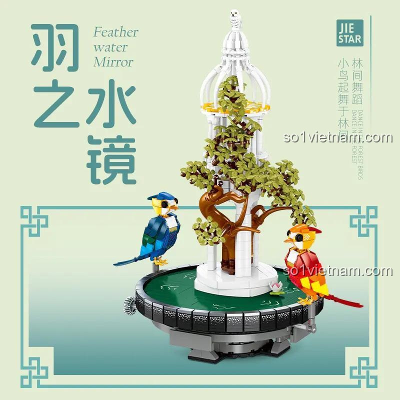 Chi tiết mô hình JIESTAR JJ9156 Vũ Điệu Chim Hót - Vườn chim huyền ảo với đài phun nước và cây xanh, đồ chơi lắp ghép nghệ thuật