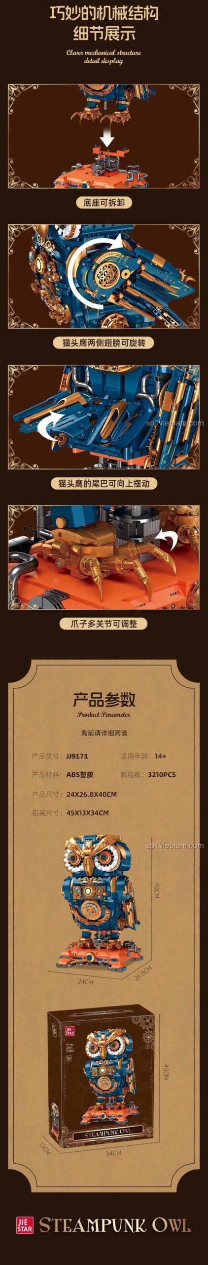 Kích thước Cú mèo Steampunk JIESTAR JJ9171