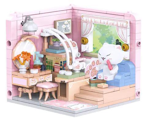 积乎inbrixx 885001 Bộ lắp ghép Mô hình phòng ngủ mèo dễ thương, 287 mảnh, Tương thích LEGO®, 6+ tuổi, Màu hồng, Trắng, Xanh dương, Vàng