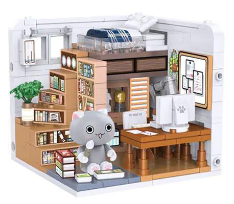 Mô hình phòng ngủ dễ thương từ bộ lắp ghép 积乎inbrixx 885002, với nhân vật mèo Niên Cao, bàn làm việc, giá sách, giường ngủ, phù hợp cho bé gái 6 tuổi, đồ chơi sáng tạo, giá tốt