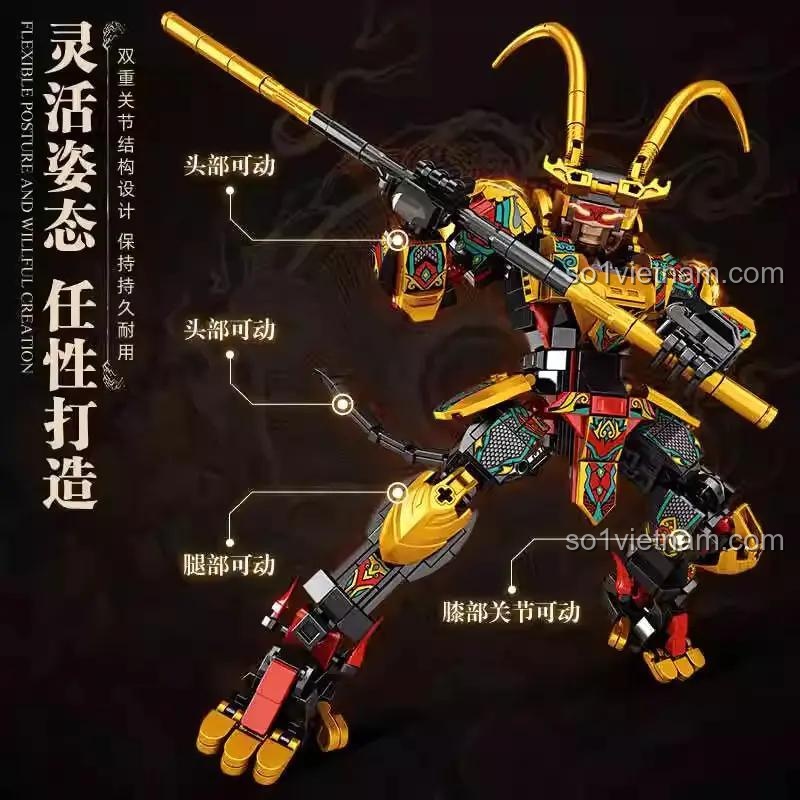 Đồ chơi mô hình Mecha Tôn Ngộ Không 46071 với các khớp đầu, tay, chân linh hoạt, tạo nhiều tư thế chiến đấu.
