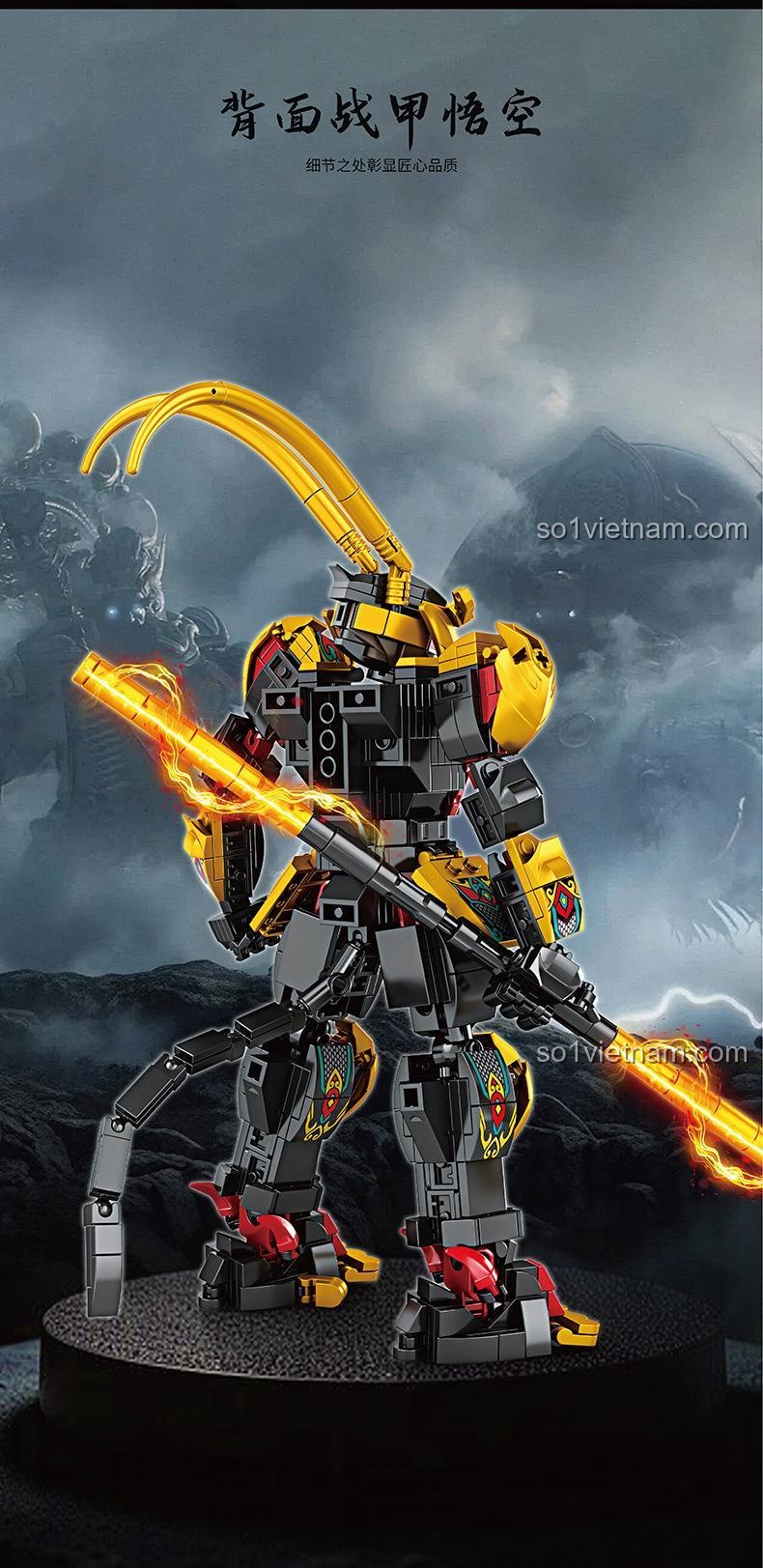 Chi tiết mặt sau của bộ lắp ghép Robot Hắc Ngộ Không JIQILE, thể hiện sự tỉ mỉ trong thiết kế.