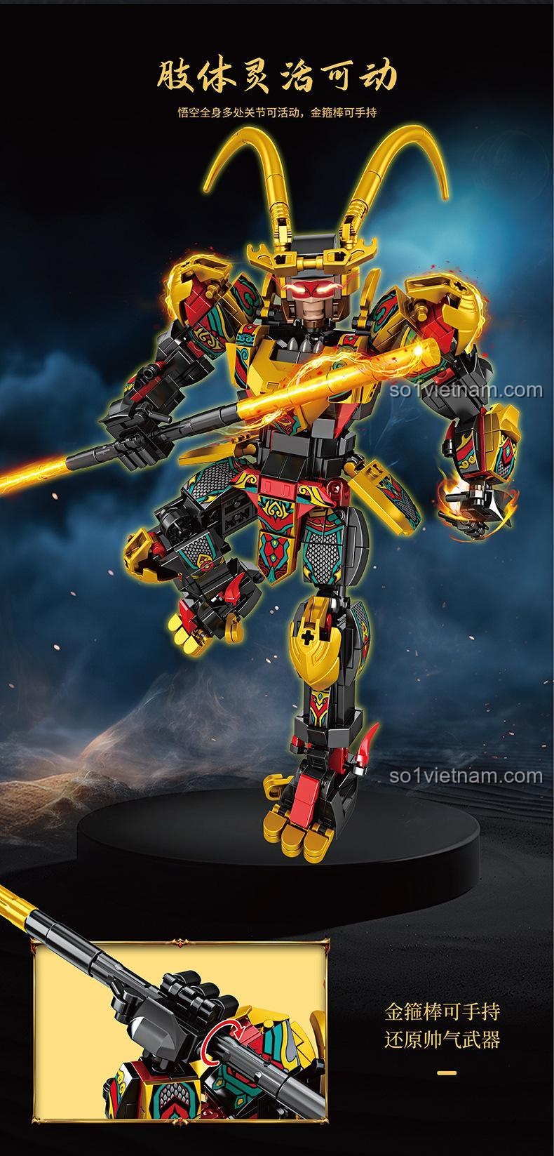 Mecha Tôn Ngộ Không 46071 trong tư thế chiến đấu, gậy như ý có thể cầm nắm chắc chắn.