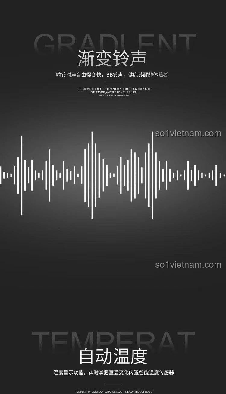 Đồ thị âm thanh báo thức tăng dần của đồng hồ Jizhen Culture J601, giúp đánh thức một cách nhẹ nhàng.